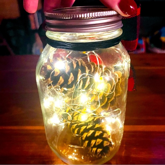 New* Rustic Farmhouse Decor Pinecone FairyLight Mason Jar Buffalo Plaid - Picture 6 of 12